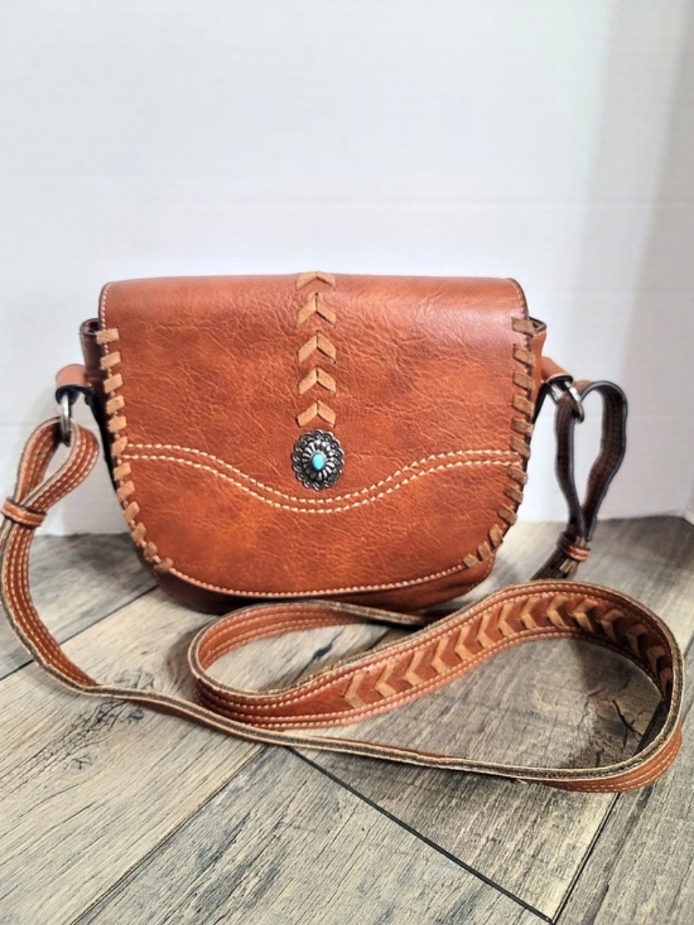Justin Brown Crossbody Bag Leather Southwestern Style